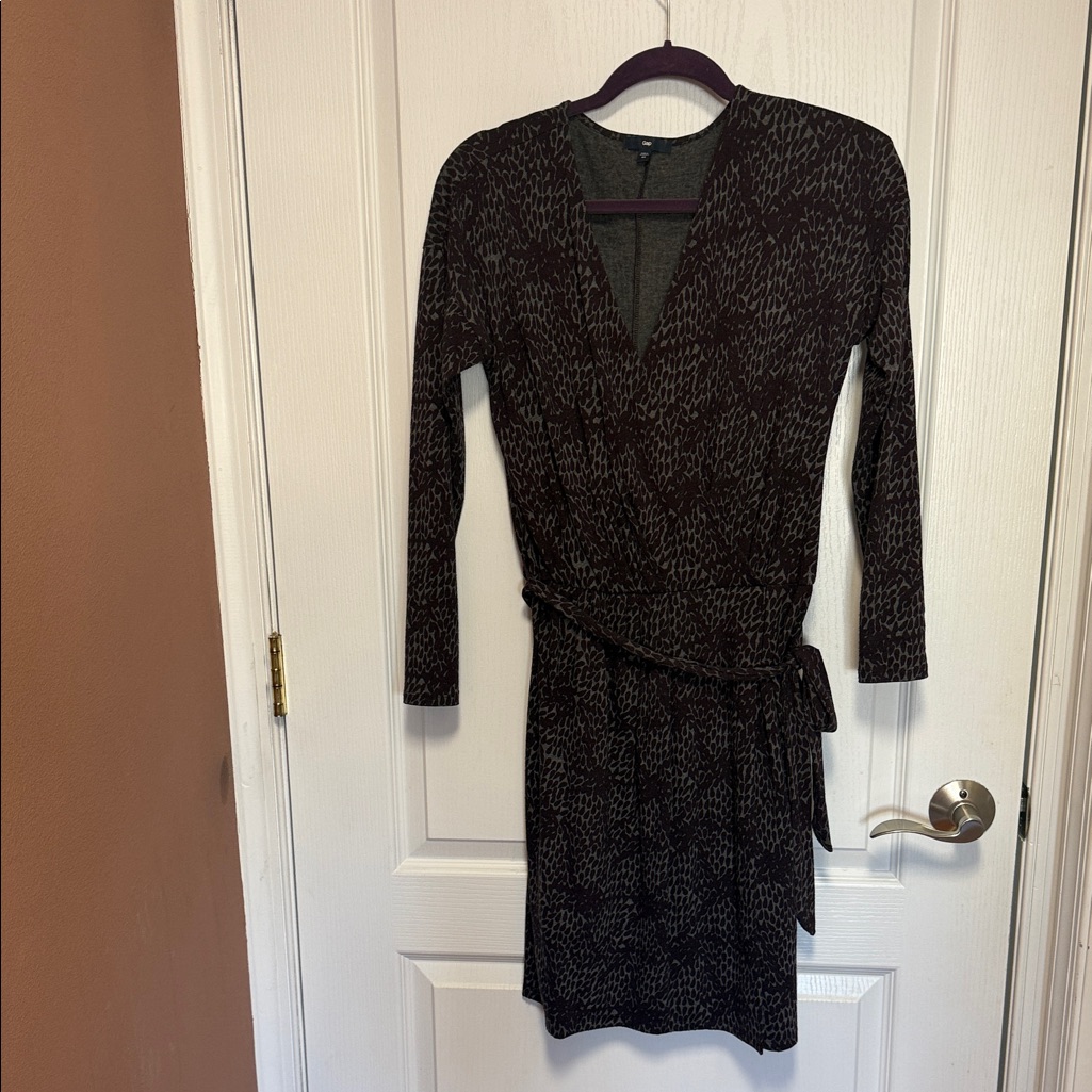 Classic Long-Sleeve Wrap Dress In Dark Brown Print